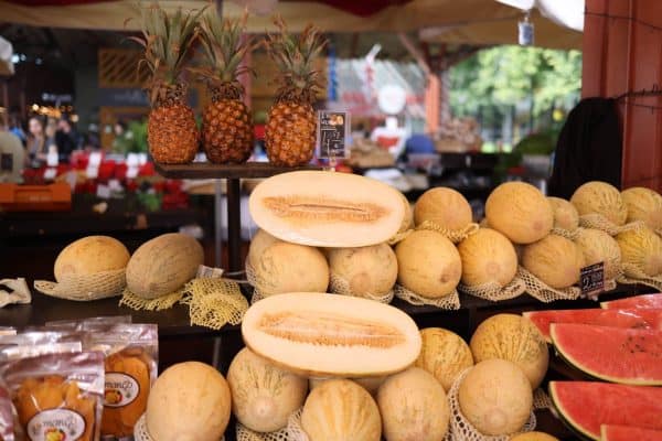 Colorful display of fresh melons, pineapples, and watermelons at an outdoor market stall.